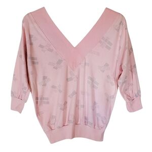 🟢1029 * Retrospective Double V Neck Pullover Top Pink Gray Size S Vintage 80s